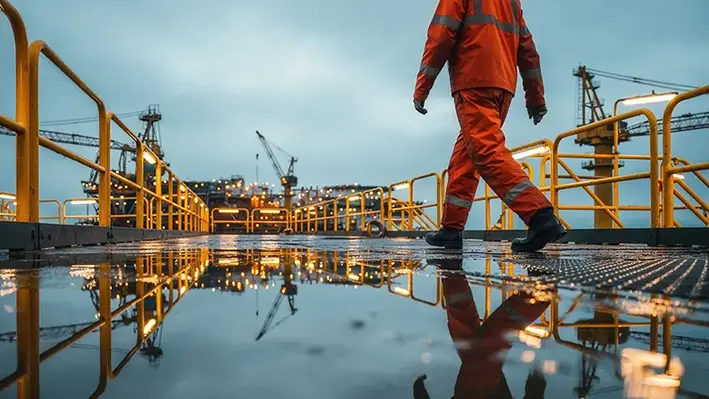 oil rig worker walks on wet platform
