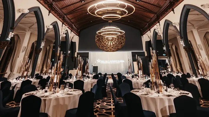 The Union Kirk venue set up with tables and stage