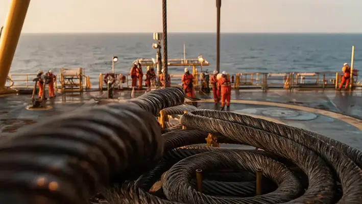 Closeup thick steel cables coiled offshore oil rig deck sunset
