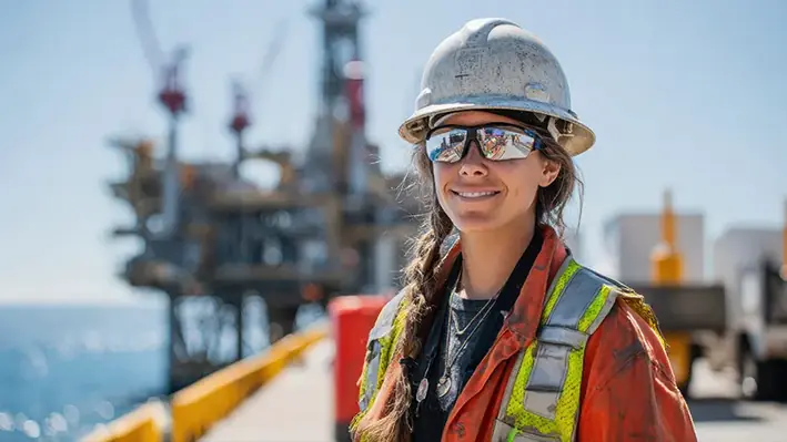 Female engineer hard hat safety glasses offshore oil platform