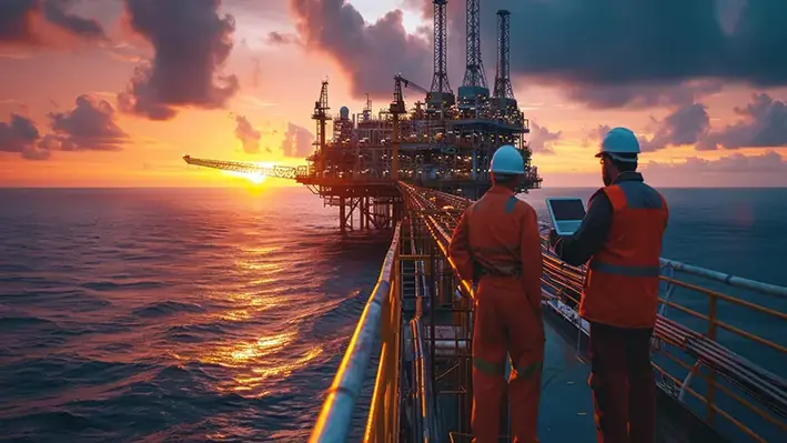 Engineers notebook computers offshore oil platform sunset ocean