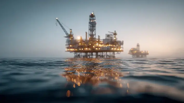 offshore-oil platforms-calm-ocean-waters-dusk
