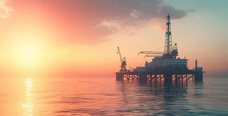 Image of an oil rig out to sea with the sun setting behind it