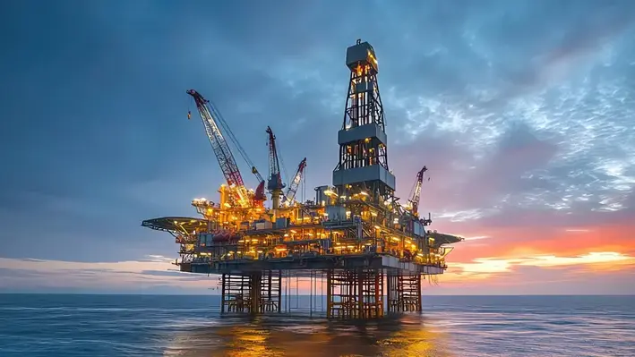 Image of an offshore oil rig at sunset 