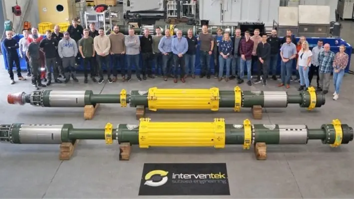Interventek’s new API 17G qualified subsea landing string, pictured with some of the team involved in its commercialisation. (Image source: Interventek)