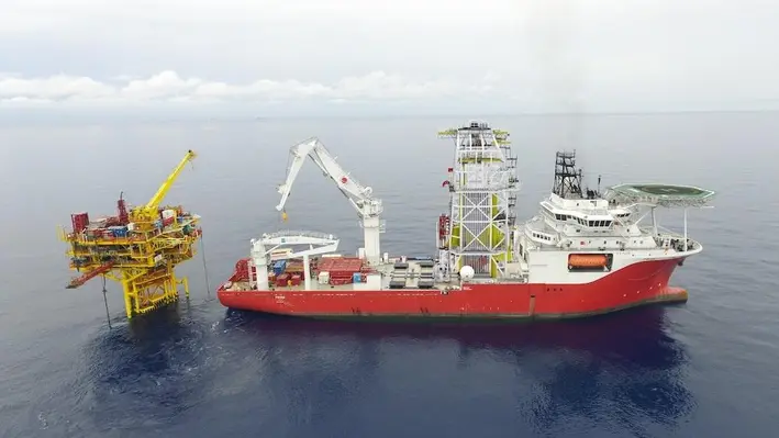 The M/V Pride Offshore Construction Vessel with the WI tower. (Image Credit: Expro)