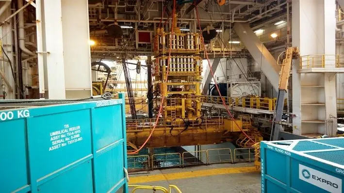 Expro’s Open Water Intervention Riser System (OWIRS) and associated surface support equipment deployed from the drillship Pacific Santa Ana. (Image Credit: Expro)