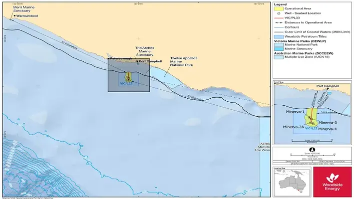 Woodside's scope of decommissioning activity as mentioned in the EP is focussed in Commonwealth waters in the Otway Basin approximately 7 km south-southwest of Port Campbell, Victoria. (Image source: Woodside Energy)