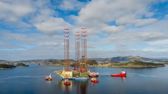 The departure of the Maersk Invincible drilling rig marked the end of plugging operations for the Valhall field. (Image Credit: Maersk Drilling)