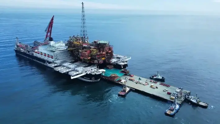 Brent Charlie is the largest single offshore topsides to be lifted, transported and delivered to shore. (Image source: Allseas) the topsides on the pioneering spirit on the sea